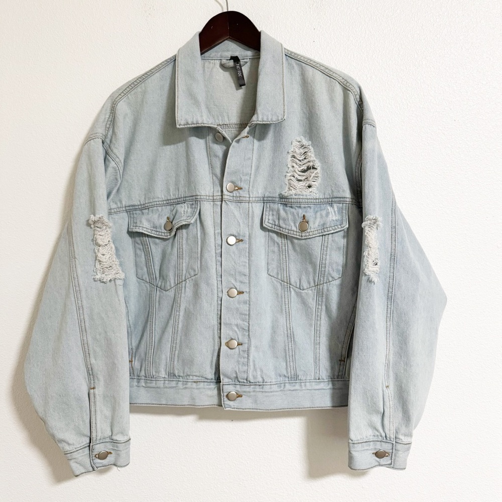 Tic Toc Distressed Oversized Jean Jacket Light Wash